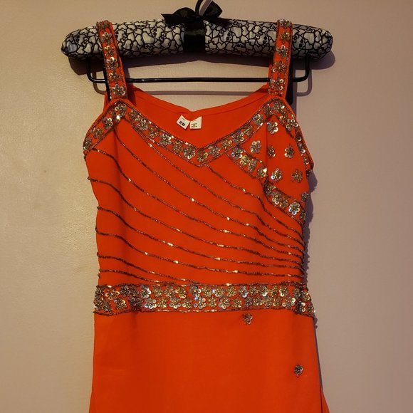 Girl's Bright Orange Sequined Dress - Gently used. - Picture 5 of 7